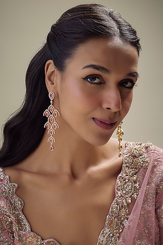 Gold Finish Zircon & Red Stone Dangler Earrings by Khushi Jewels