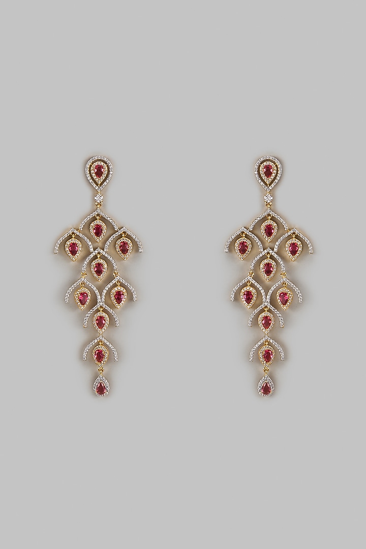 Gold Finish Zircon & Red Stone Dangler Earrings by Khushi Jewels at Pernia's Pop Up Shop