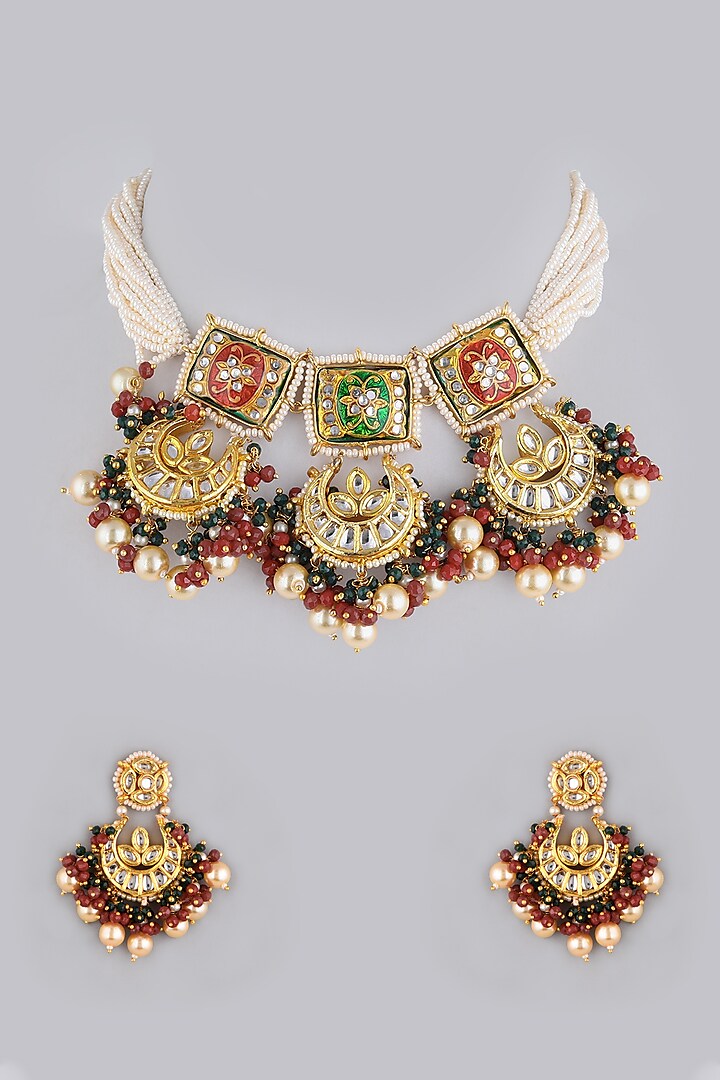 Gold Finish Kundan Necklace Set by Khushi Jewels