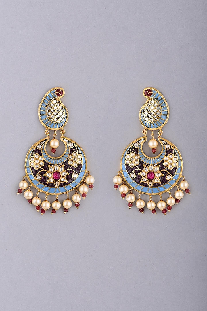 Gold Foil Finish Blue Stone Earrings by Khushi Jewels