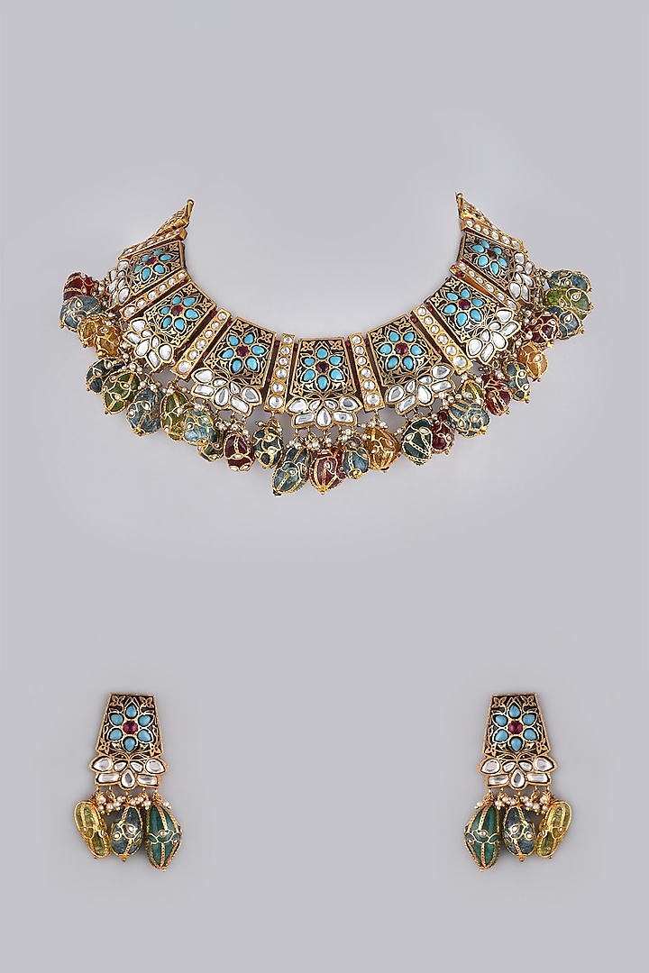 Gold Foil Finish Multi Colored Stone Necklace Set by Khushi Jewels