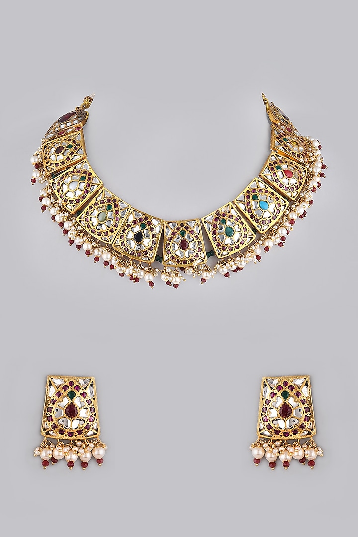 Gold Foil Finish Stone Necklace Set by Khushi Jewels