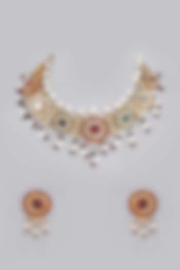 Gold Foil Finish Navratan Necklace Set by Khushi Jewels