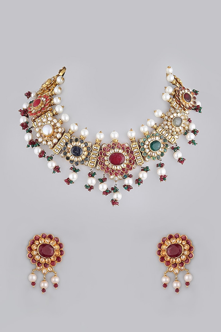 Gold Foil Finish Navratan Necklace Set by Khushi Jewels