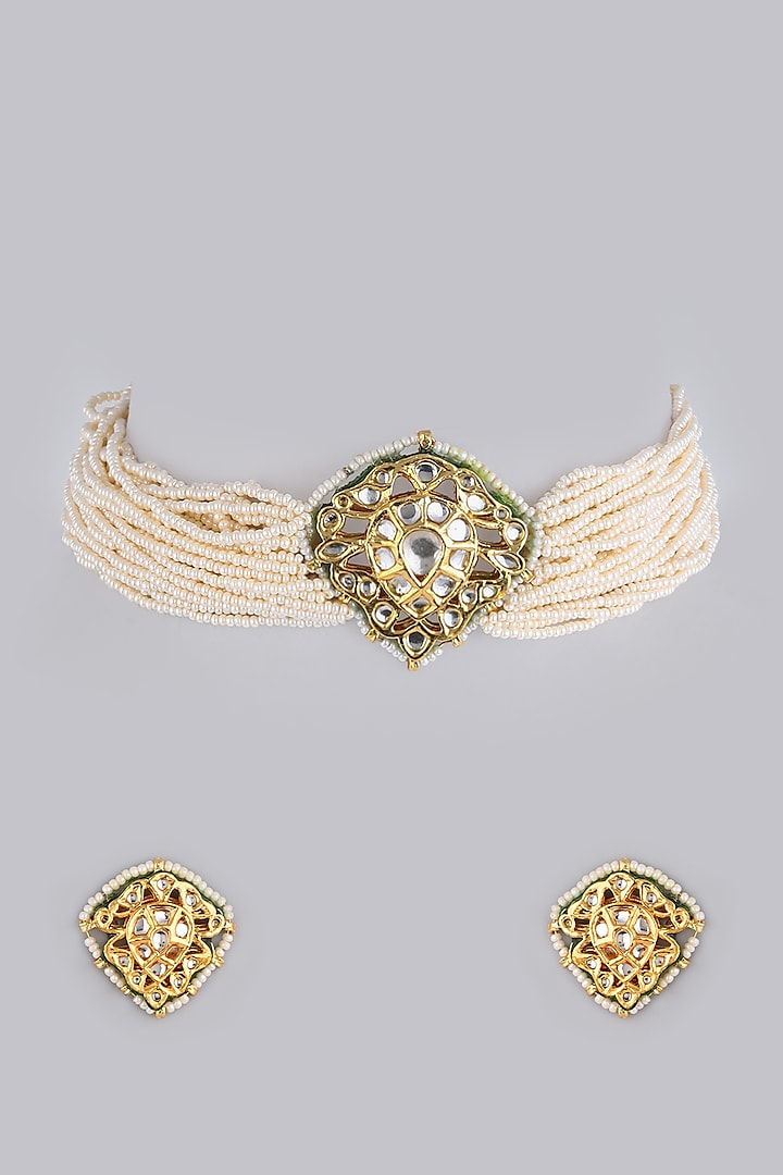 Gold Finish Moti Necklace Set by Khushi Jewels