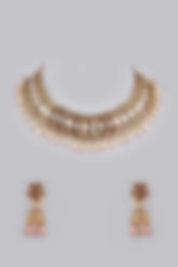 Gold Foil Finish Red Stones Necklace Set by Khushi Jewels