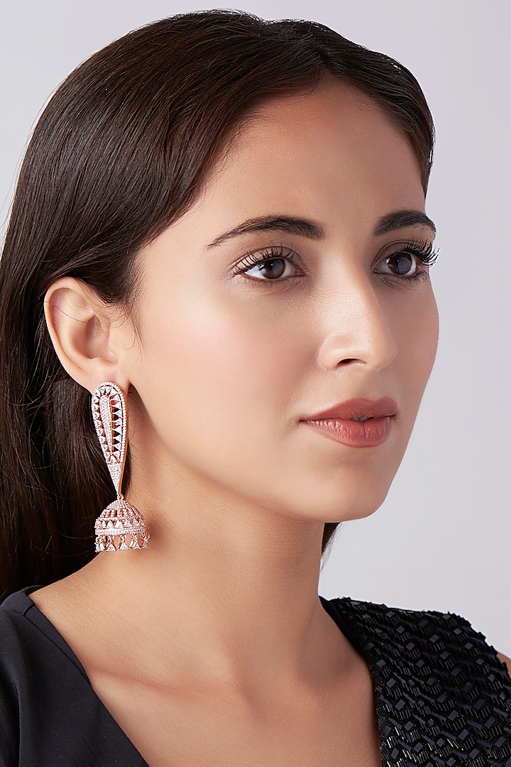 Rose Gold Finish Jhumka Earrings With Zircons by Khushi Jewels