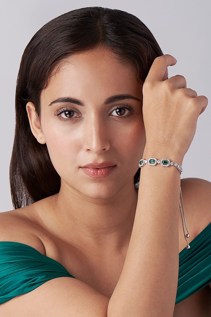 White Finish Green Stone Bracelet by Khushi Jewels at Pernia's Pop Up Shop