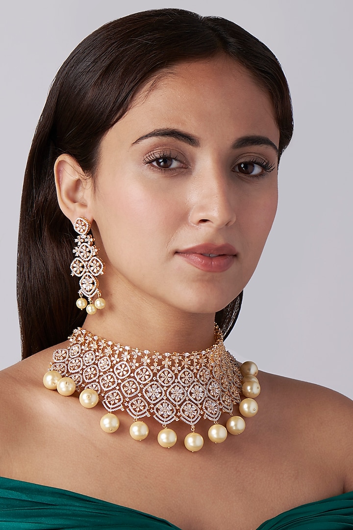 Gold Finish Zircons Necklace Set by Khushi Jewels