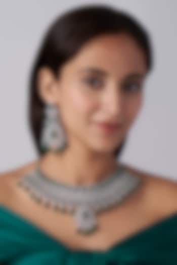 White Finish Green Stones Necklace Set by Khushi Jewels
