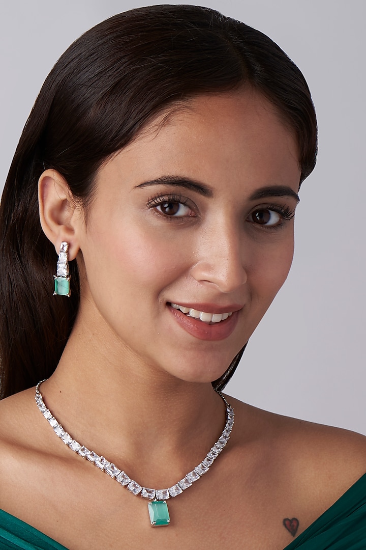 White Finish Necklace Set With Aqua Stones by Khushi Jewels