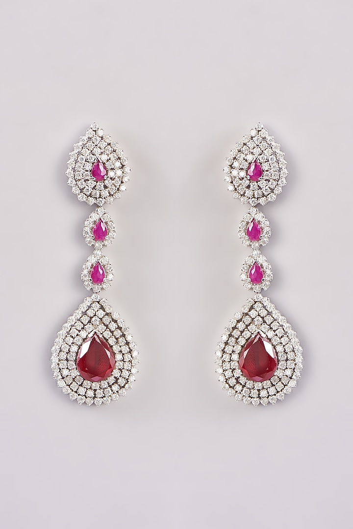 White Finish Zircon & Red Stone Dangler Earrings by Khushi Jewels at Pernia's Pop Up Shop