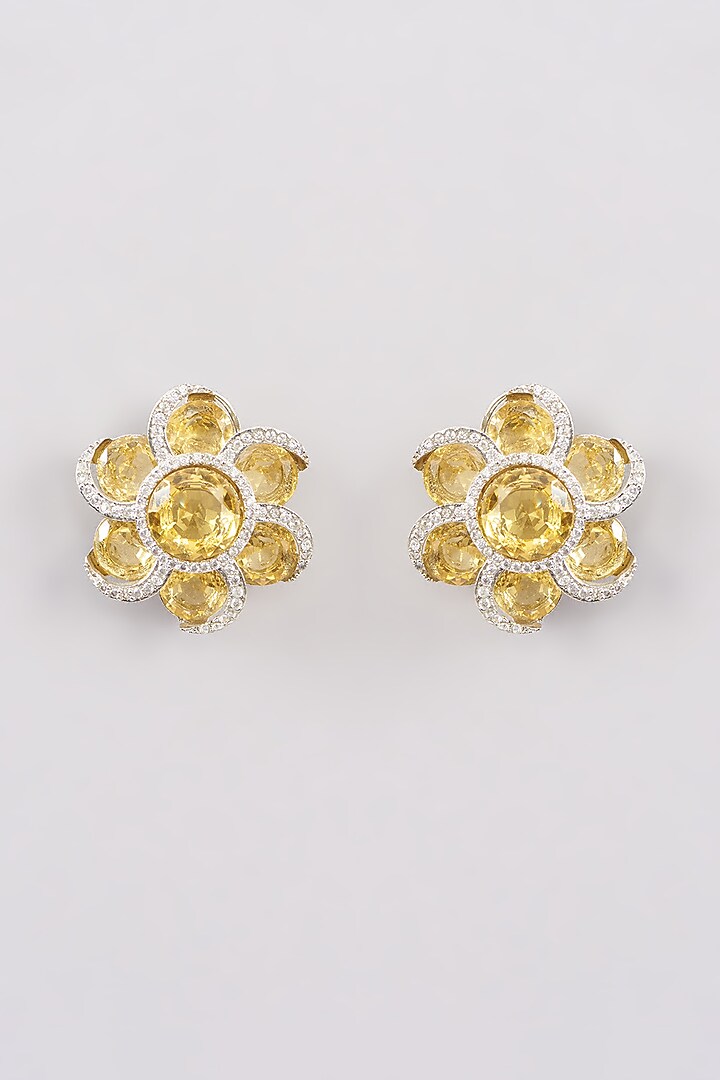 White Finish Zircon & Yellow Stone Stud Earrings by Khushi Jewels at Pernia's Pop Up Shop