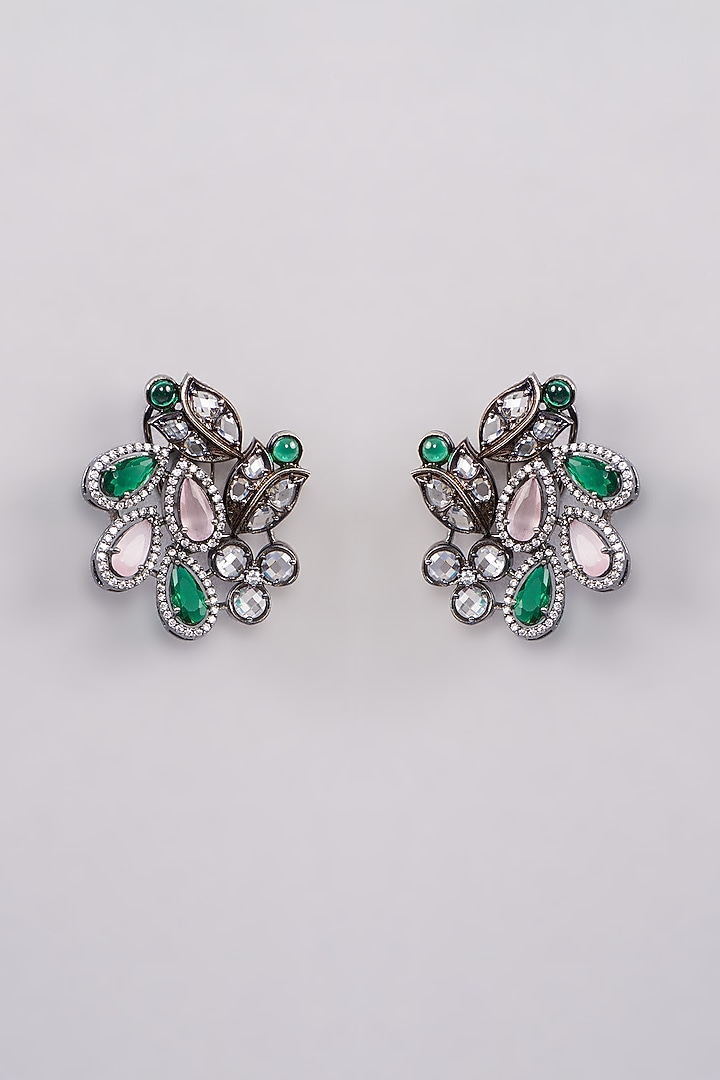 Black Rhodium Finish Multi-Colored Stone & Zircon Stud Earrings by Khushi Jewels at Pernia's Pop Up Shop
