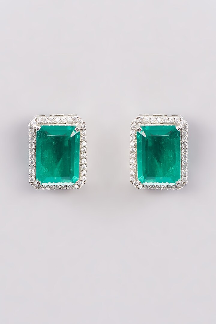 White Finish Zircon & Green Stone Stud Earrings by Khushi Jewels at Pernia's Pop Up Shop