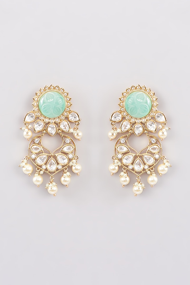 Rose Gold Finish Kundan Polki & Green Stone Dangler Earrings by Khushi Jewels at Pernia's Pop Up Shop