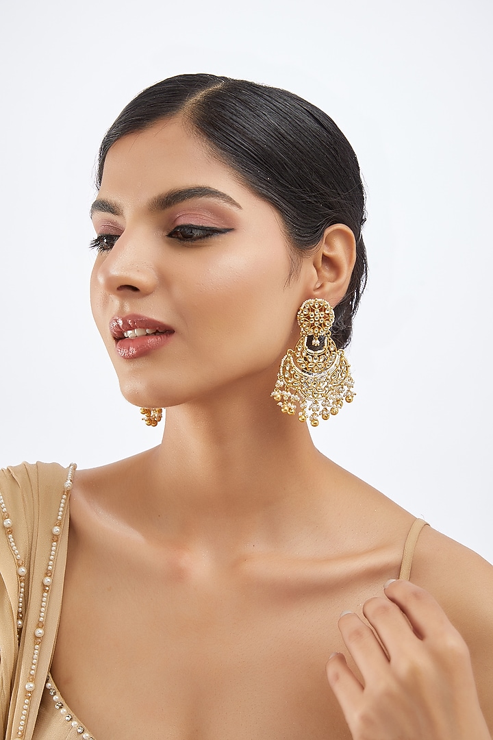 Gold Finish Kundan Polki Chandbaali Earrings by Khushi Jewels at Pernia's Pop Up Shop
