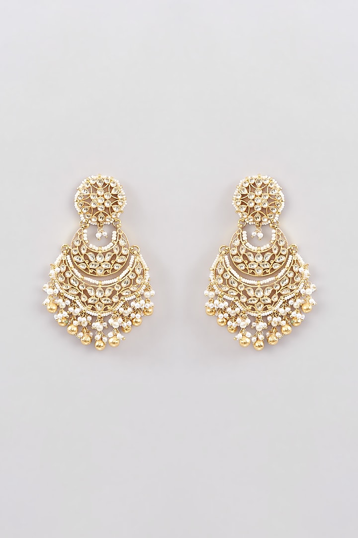 Gold Finish Kundan Polki Chandbaali Earrings by Khushi Jewels at Pernia's Pop Up Shop