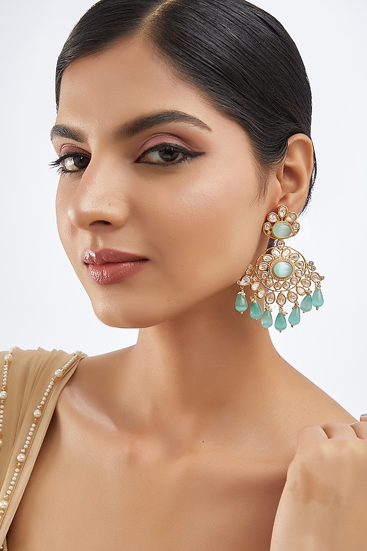 Rose Gold Finish Moissanite Polki & Green Stone Chandbaali Earrings by Khushi Jewels