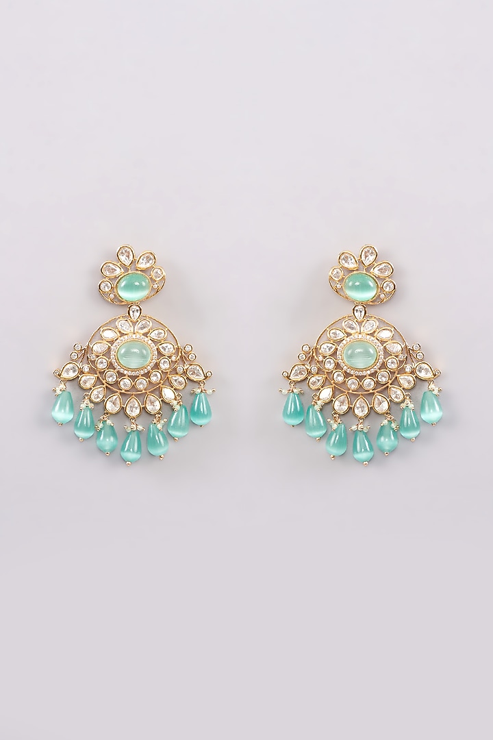 Rose Gold Finish Moissanite Polki & Green Stone Chandbaali Earrings by Khushi Jewels at Pernia's Pop Up Shop