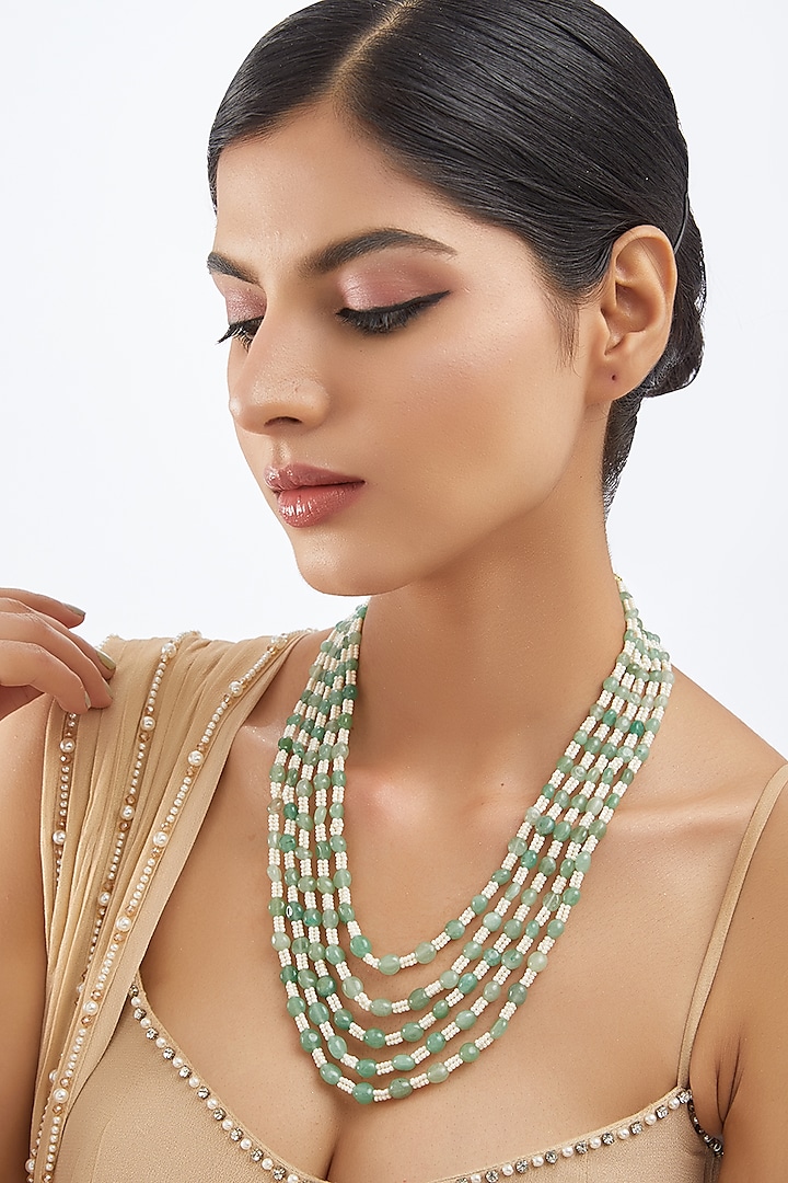 Green & White Beaded Mala by Khushi Jewels