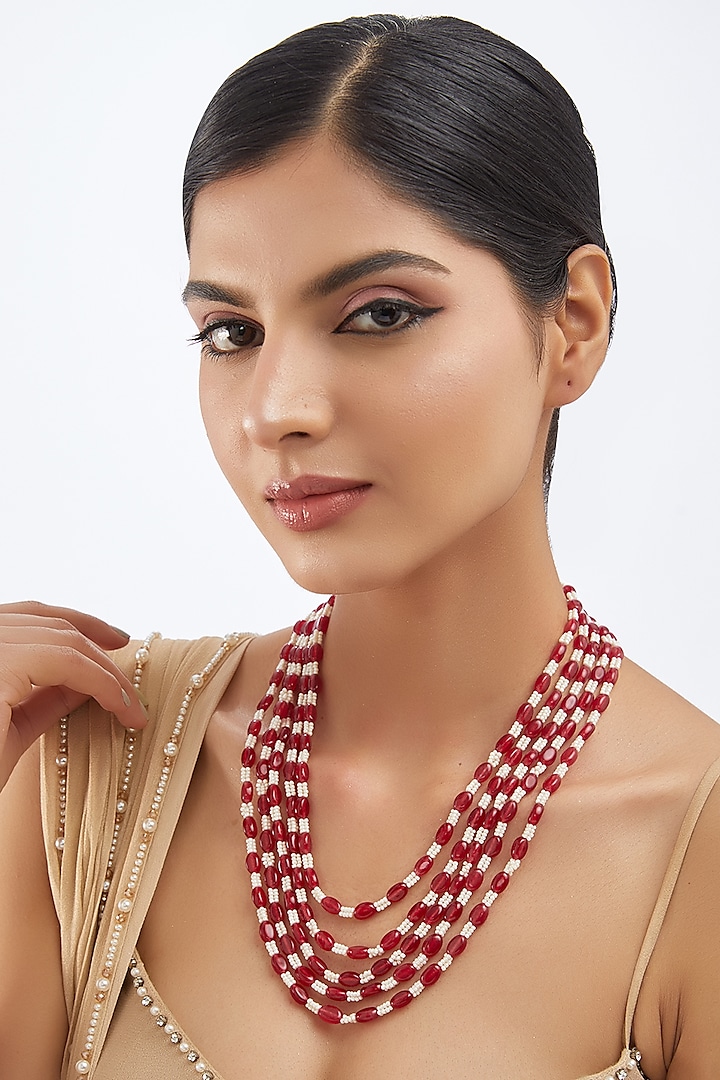 Red & White Beaded Mala by Khushi Jewels