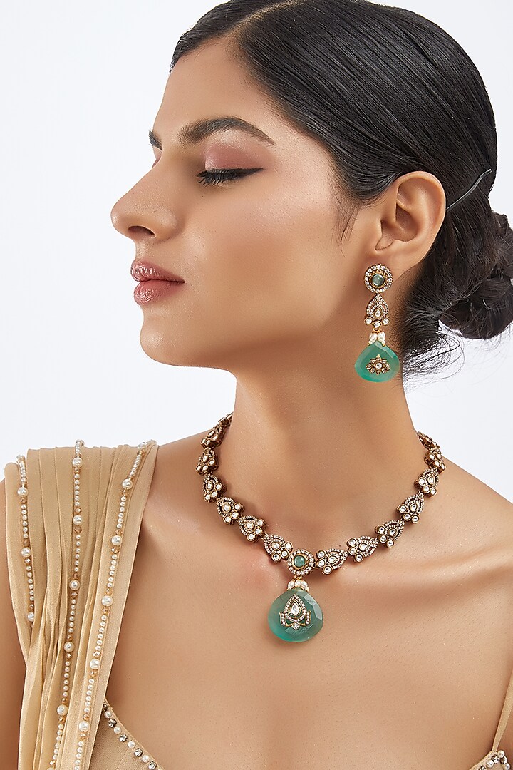 Black Rhodium Finish Zircon & Green Stone Necklace Set by Khushi Jewels