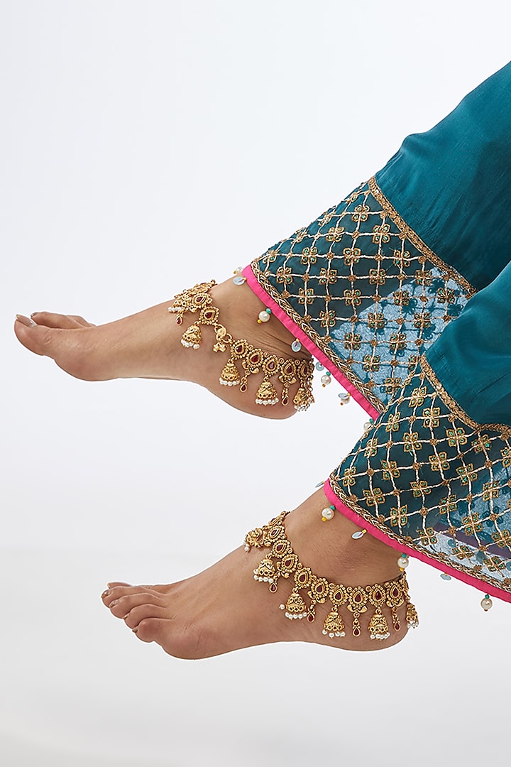 Gold Finish Kundan Polki Anklets (Set of 2) by Khushi Jewels