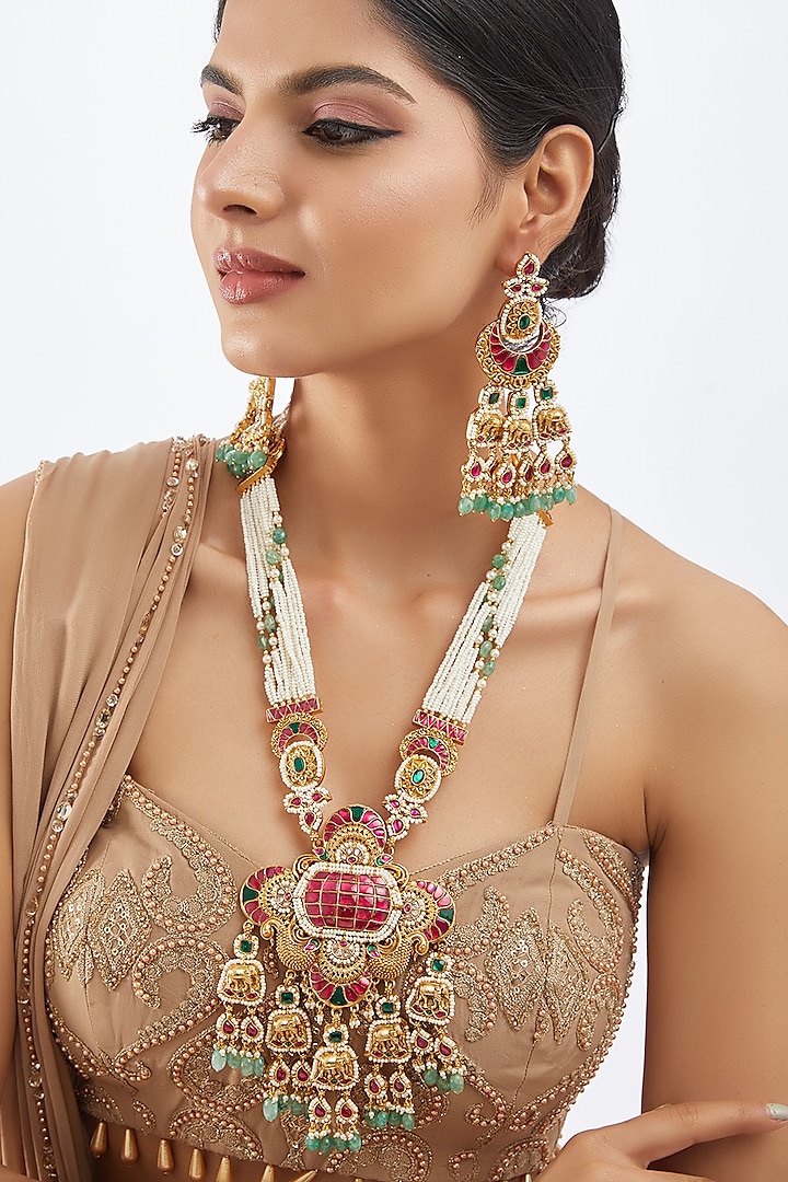 Gold Finish Kundan Polki & Pearl Long Necklace Set by Khushi Jewels