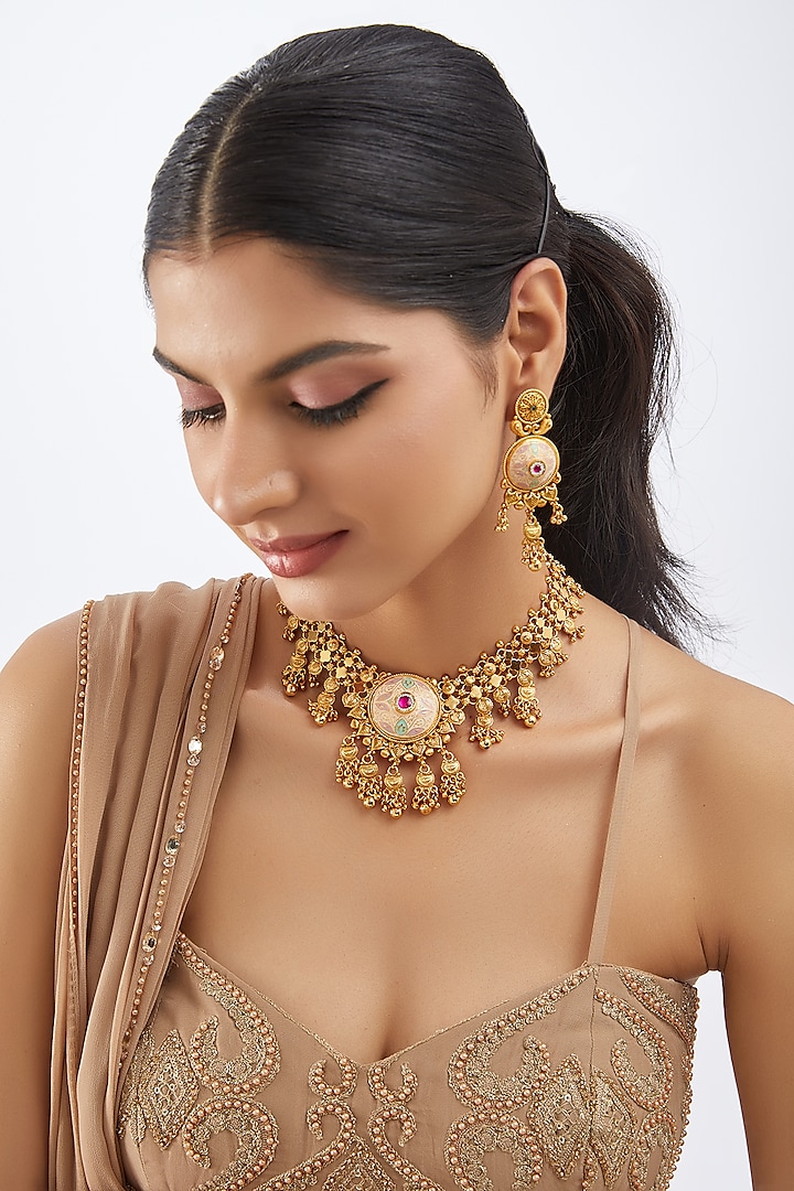 Gold Finish Meenakari Temple Necklace Set by Khushi Jewels at Pernia's Pop Up Shop