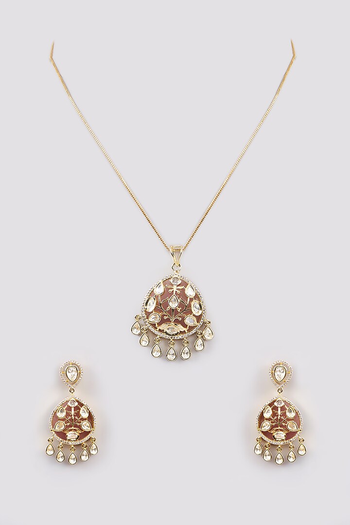 Gold Finish Kundan Polki & Pink Stone Necklace Set by Khushi Jewels at Pernia's Pop Up Shop