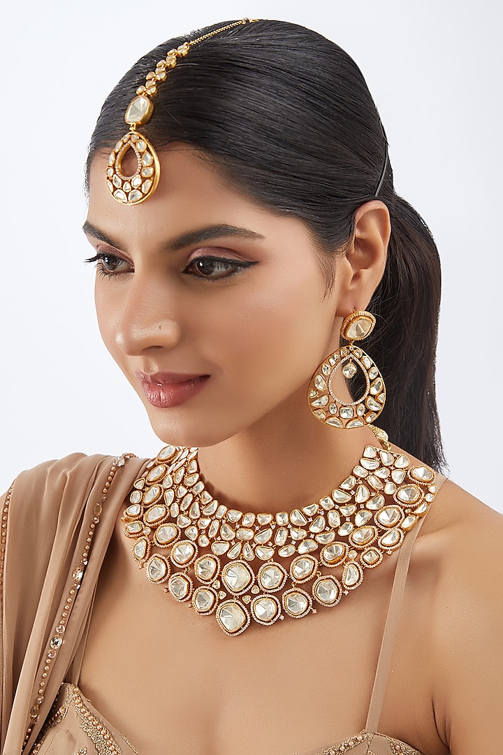 Gold Finish Moissanite Polki Necklace Set by Khushi Jewels at Pernia's Pop Up Shop