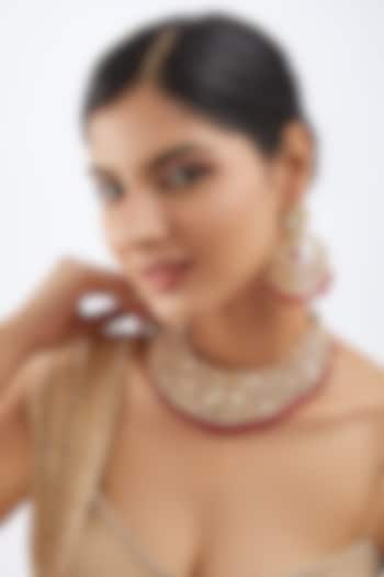 Gold Finish Kundan Polki & Red Drop Necklace Set by Khushi Jewels at Pernia's Pop Up Shop