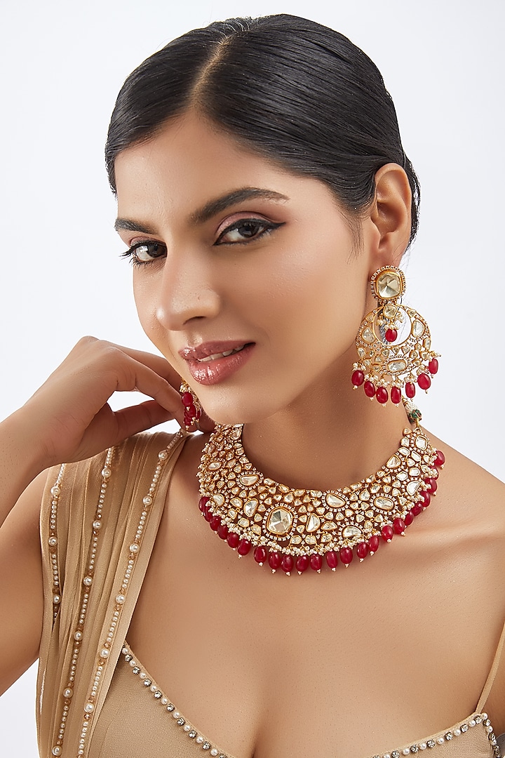 Gold Finish Kundan Polki & Red Drop Necklace Set by Khushi Jewels at Pernia's Pop Up Shop