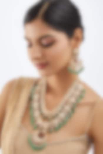 Gold Finish Moissanite Polki & Green Drop Long Necklace Set In Sterling Silver by Khushi Jewels at Pernia's Pop Up Shop