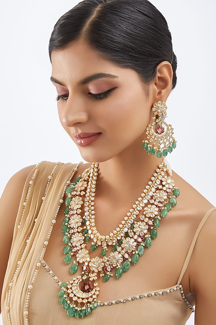 Gold Finish Moissanite Polki & Green Drop Long Necklace Set In Sterling Silver by Khushi Jewels at Pernia's Pop Up Shop