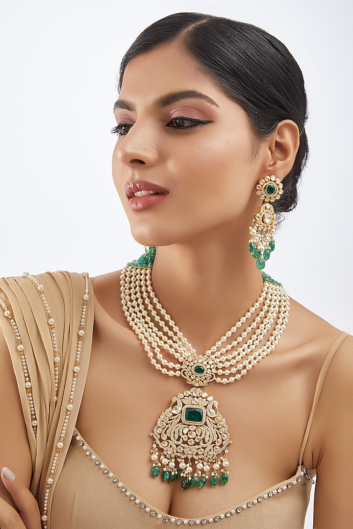 Gold Finish Moissanite Polki & Green Drop Long Necklace Set In Sterling Silver by Khushi Jewels
