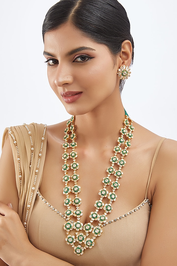 Gold Finish Moissanite Polki & Green Stone Long Necklace Set In Sterling Silver by Khushi Jewels at Pernia's Pop Up Shop