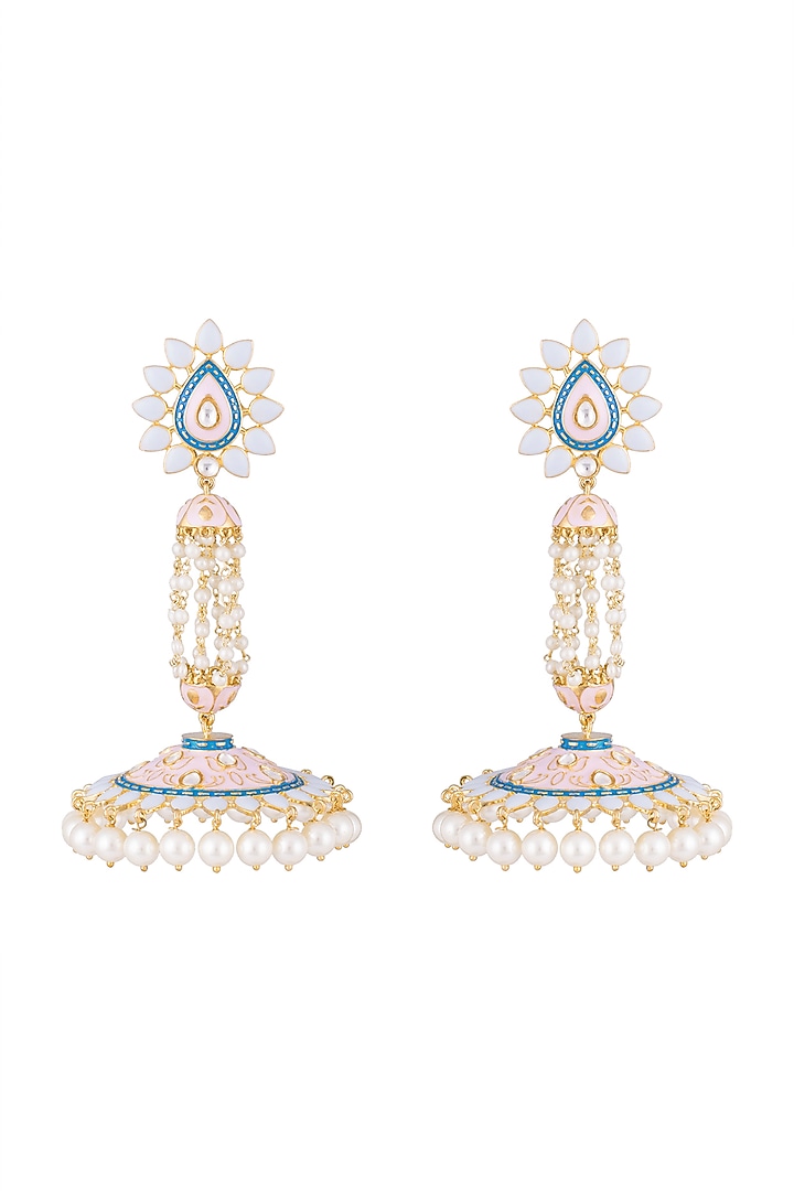 Gold Finish Enameled Long Jhumka Earrings by Khushi Jewels at Pernia's Pop Up Shop
