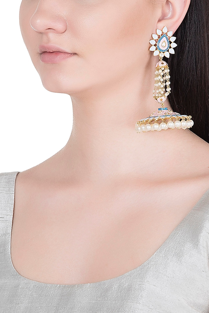Gold Finish Enameled Long Jhumka Earrings by Khushi Jewels