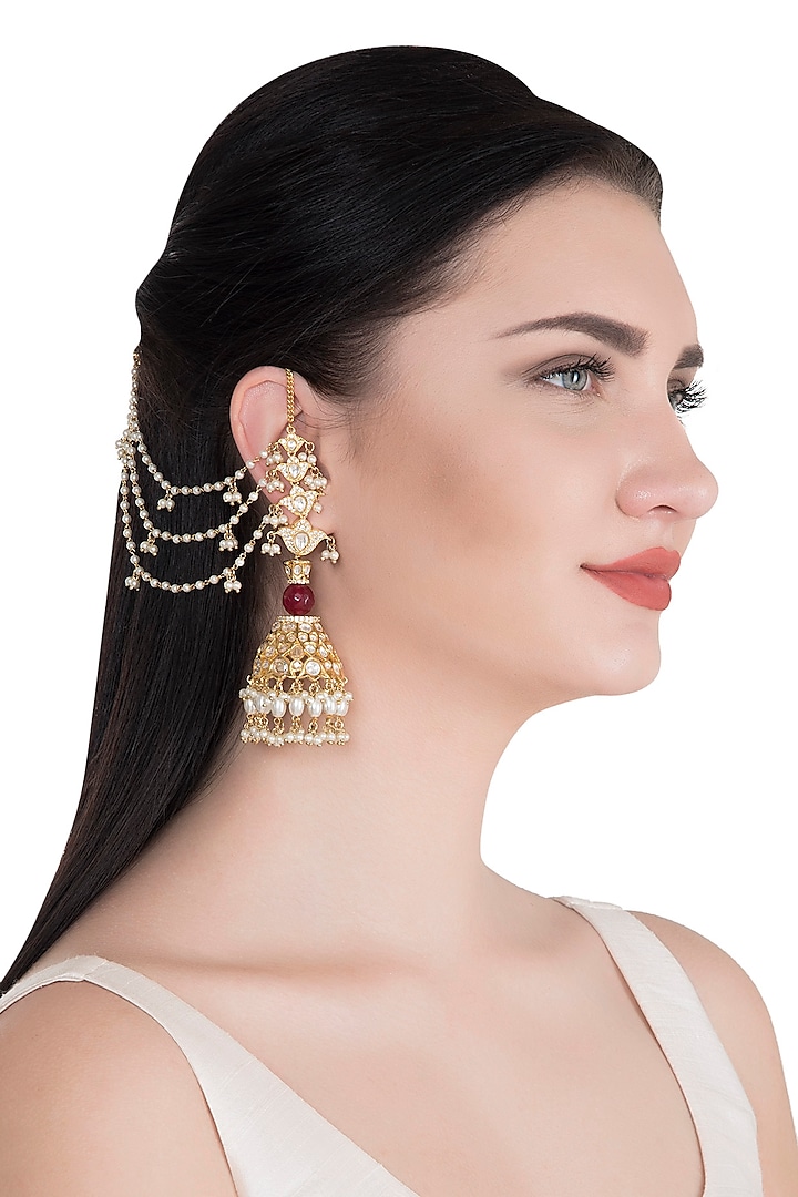 Gold Finish Faux Diamonds & Stone Jhumka Earrings WIth Kan Chain by Khushi Jewels
