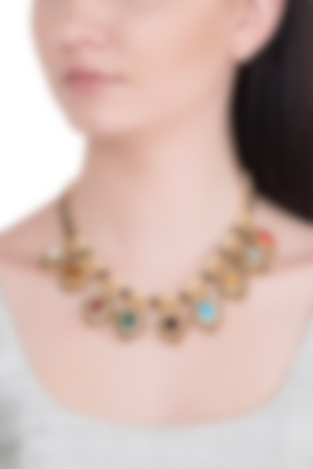 Gold Plated Multi Colored Semi-Precious Navratan Stones Necklace by Khushi Jewels