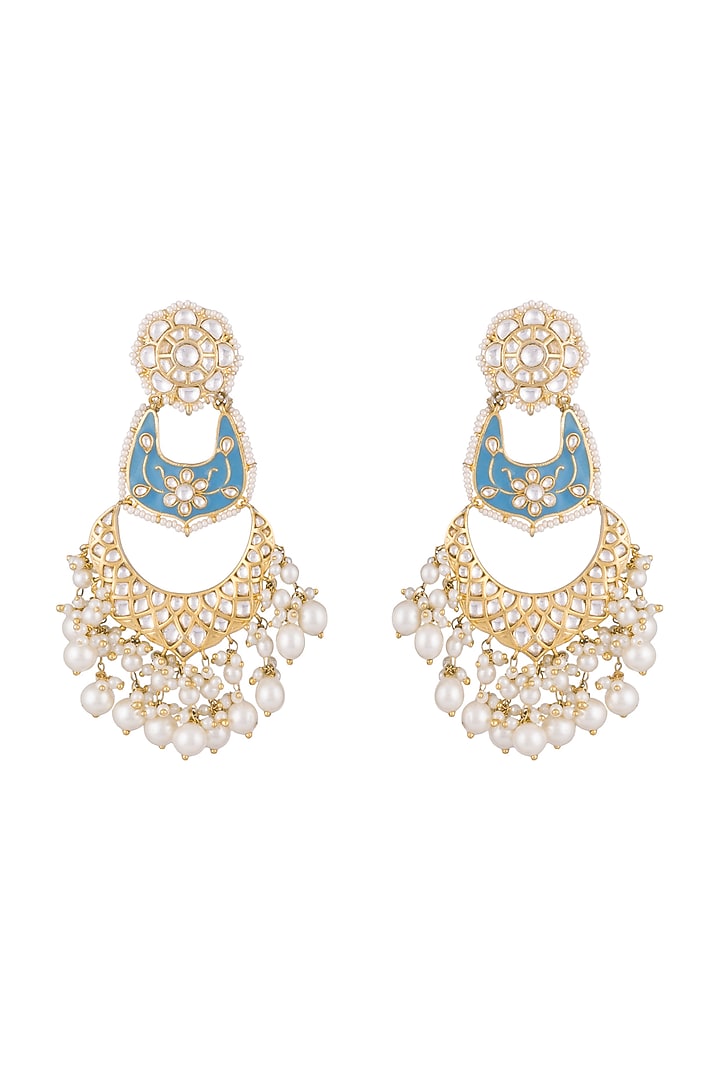 Gold Finish Kundan & Pearls Enameled Earrings by Khushi Jewels at Pernia's Pop Up Shop