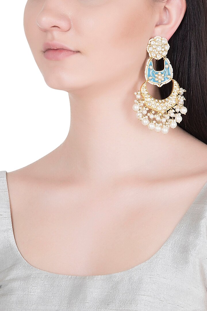 Gold Finish Kundan & Pearls Enameled Earrings by Khushi Jewels
