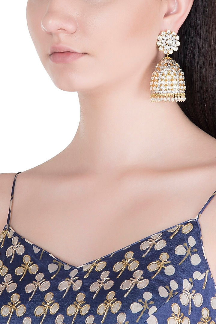 Gold Finish Kundan & CZ Diamonds Earrings by Khushi Jewels