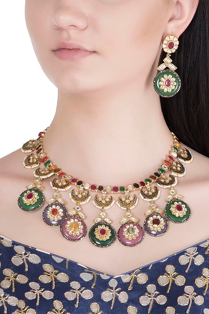 Gold Plated Multi Colored Semi-Precious Stone, Pearls & Kundan Reversible Necklace Set by Khushi Jewels
