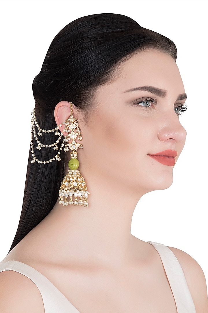 Gold Finish Jhumka Earrings With Kan Chain by Khushi Jewels