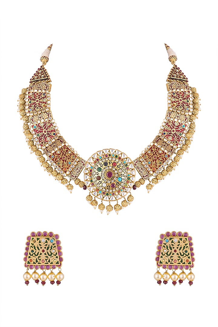 Gold Plated Thewa Worked Navratna Stones Necklace Set by Khushi Jewels at Pernia's Pop Up Shop