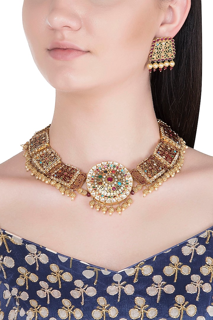 Gold Plated Thewa Worked Navratna Stones Necklace Set by Khushi Jewels