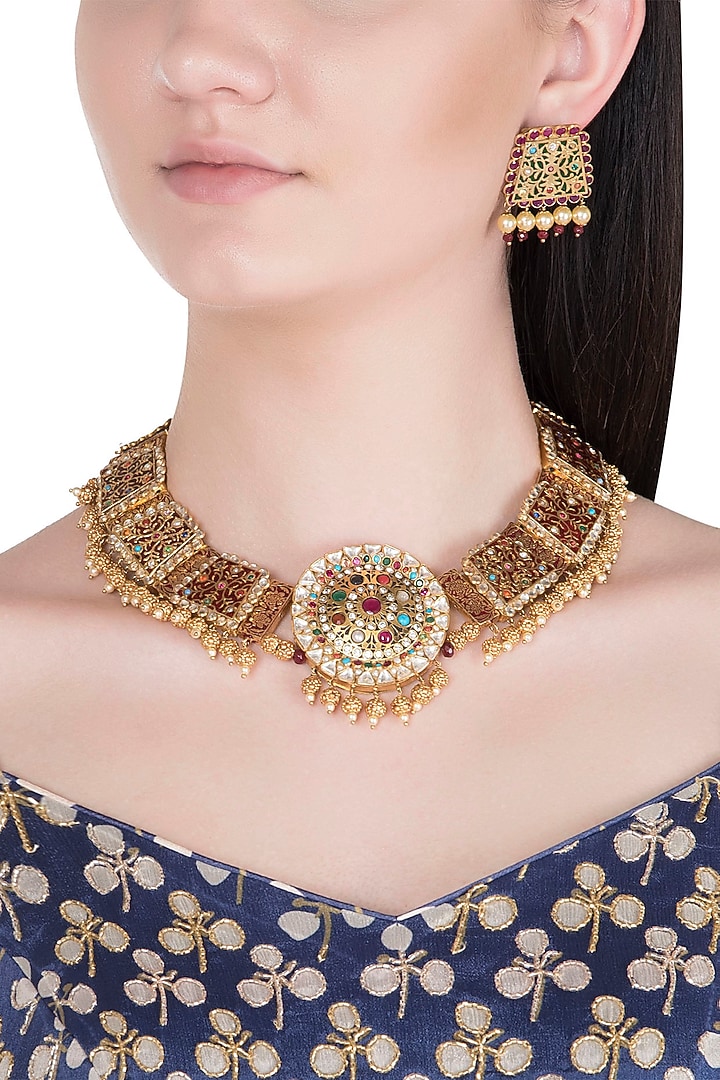 Gold Plated Thewa Worked Navratna Stones Necklace Set by Khushi Jewels at Pernia's Pop Up Shop